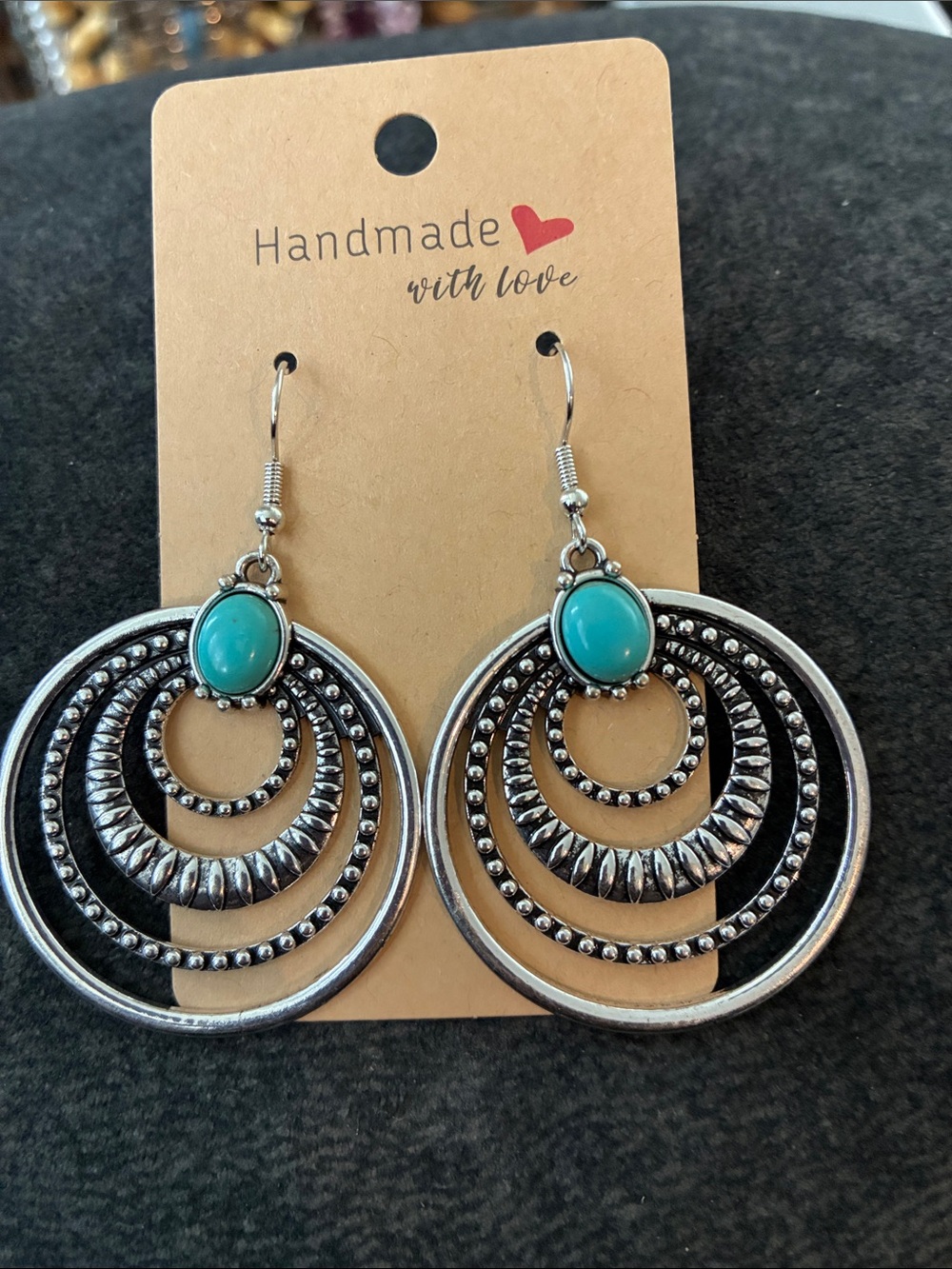 Handmade Turquoise Accent Silver Hoop Dangle Earrings